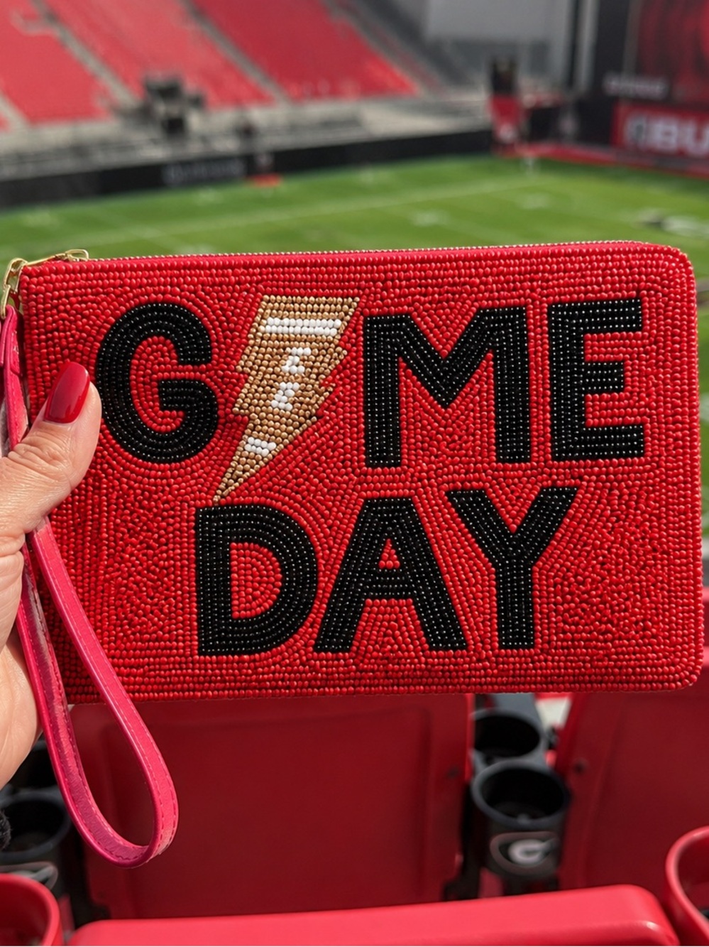 Game Day Beaded Wristlet Pouch Clutch - Red Black Beads Zip Top